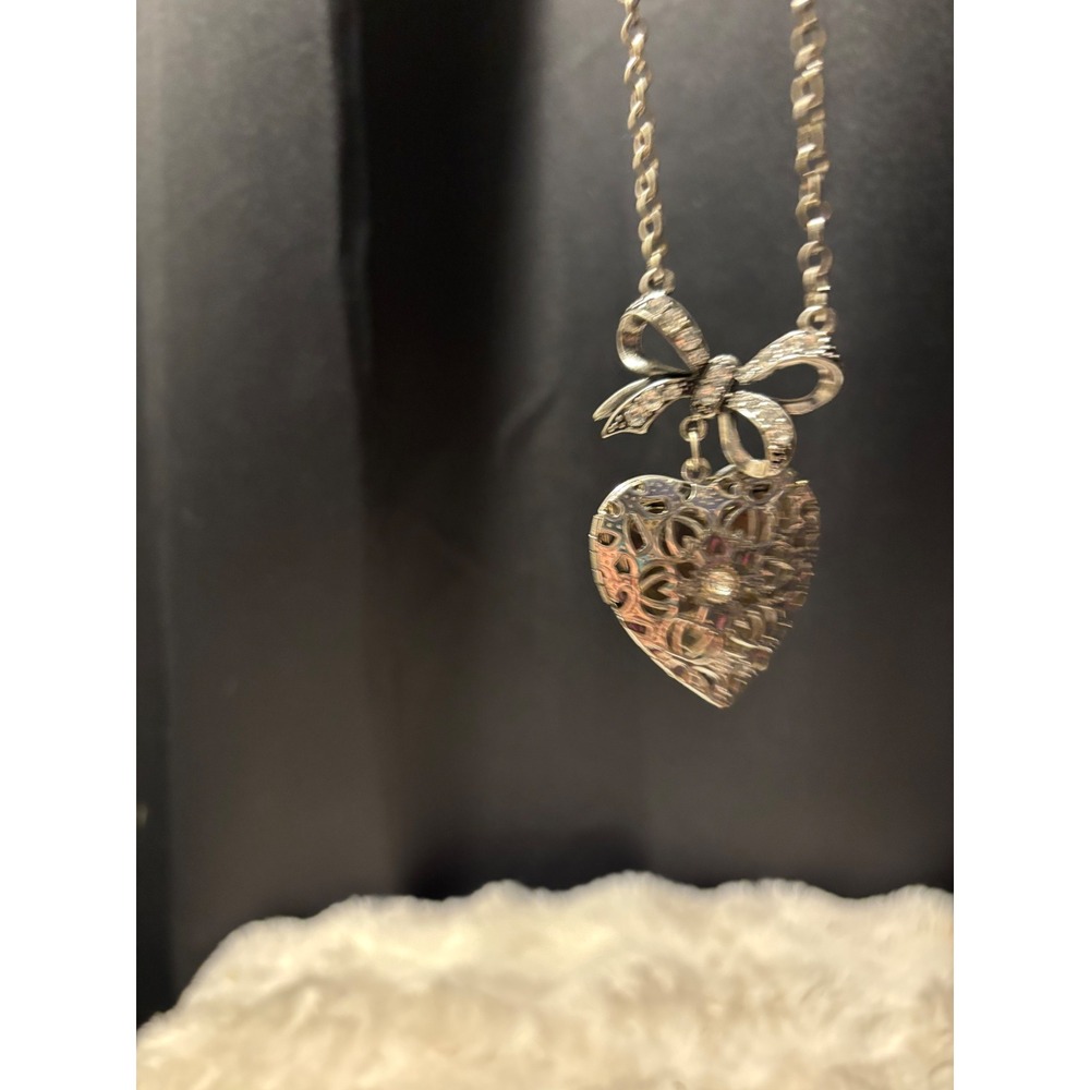 Silver Tone Filigree Heart Locket Necklace Rhinestone Bow Accent Pendant